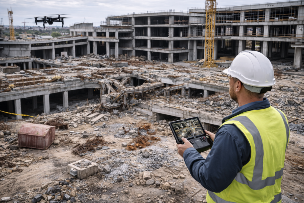 Inżynier budowlany dokumentuje przerwane roboty budowlane z użyciem drona – widok całej inwestycji po wstrzymaniu prac