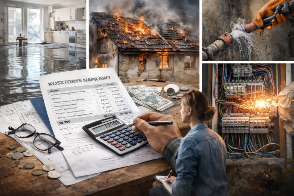 Kolaż przedstawiający różne szkody budowlane: zalane mieszkanie, pożar dachu domu, pękniętą rurę z wyciekiem wody oraz uszkodzoną instalację elektryczną z iskrzeniem, a także analizę kosztów naprawy.