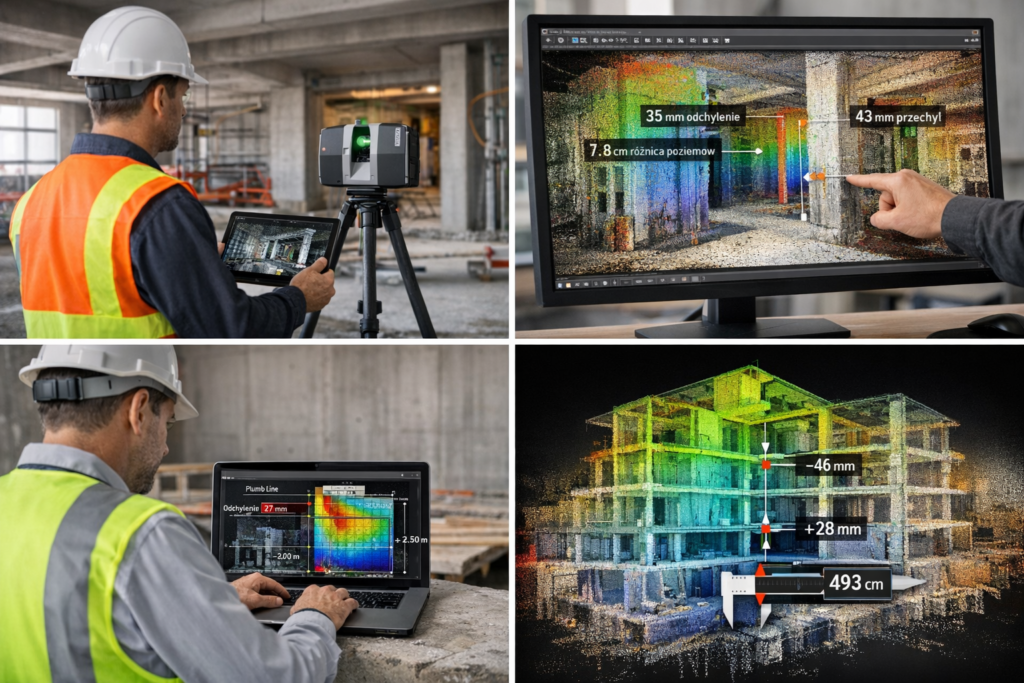 Kolaż przedstawiający skaning laserowy 3D na budowie – operator skanera, analiza chmury punktów na monitorze, pomiary odchyłek konstrukcji oraz cyfrowy model budynku wykorzystywany jako materiał dowodowy w sporze budowlanym.