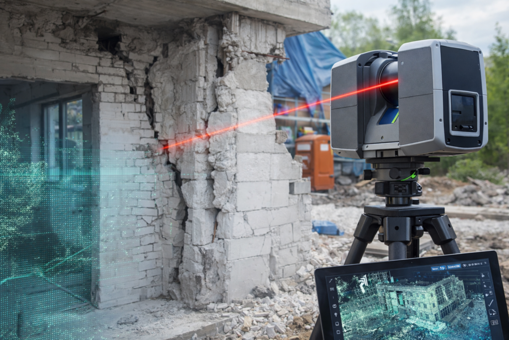 Skaning laserowy 3D budynku z widocznym pęknięciem ściany jako metoda zabezpieczenia dowodów budowlanych
