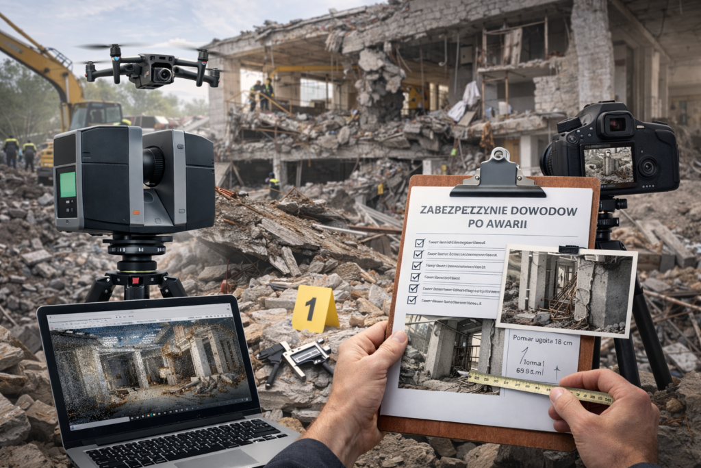 Zabezpieczenie dowodów po awarii konstrukcji budynku – skaning laserowy 3D, dokumentacja fotograficzna i lot dronem na miejscu zdarzenia