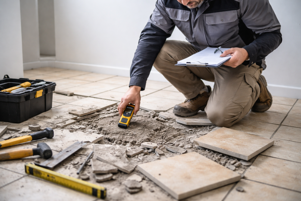 Rzeczoznawca budowlany ocenia uszkodzone płytki podłogowe i podłoże podczas sporządzania kosztorysu naprawy posadzki