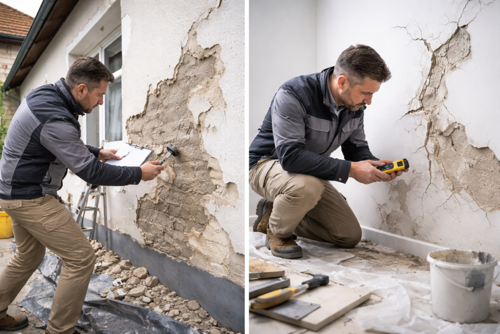 Rzeczoznawca budowlany ocenia uszkodzone tynki elewacyjne oraz spękany tynk wewnętrzny podczas przygotowania kosztorysu naprawy