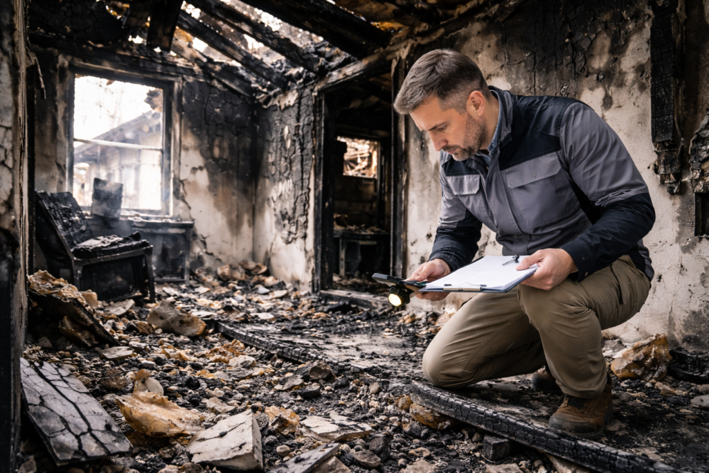 Rzeczoznawca budowlany ocenia zniszczenia konstrukcji budynku po pożarze podczas oględzin szkody