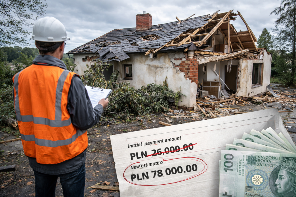 Uszkodzony dom po wichurze z zerwanym dachem oraz rzeczoznawca budowlany wykonujący oględziny szkody