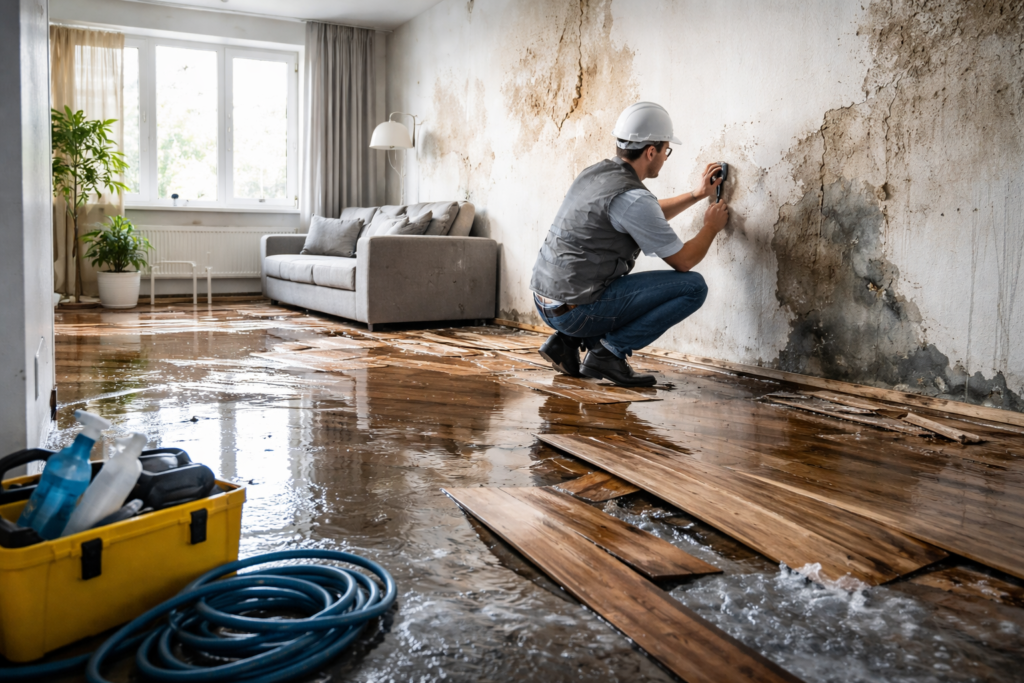 Rzeczoznawca budowlany wykonuje pomiar wilgotności w zalanym mieszkaniu z uszkodzoną podłogą i ścianam