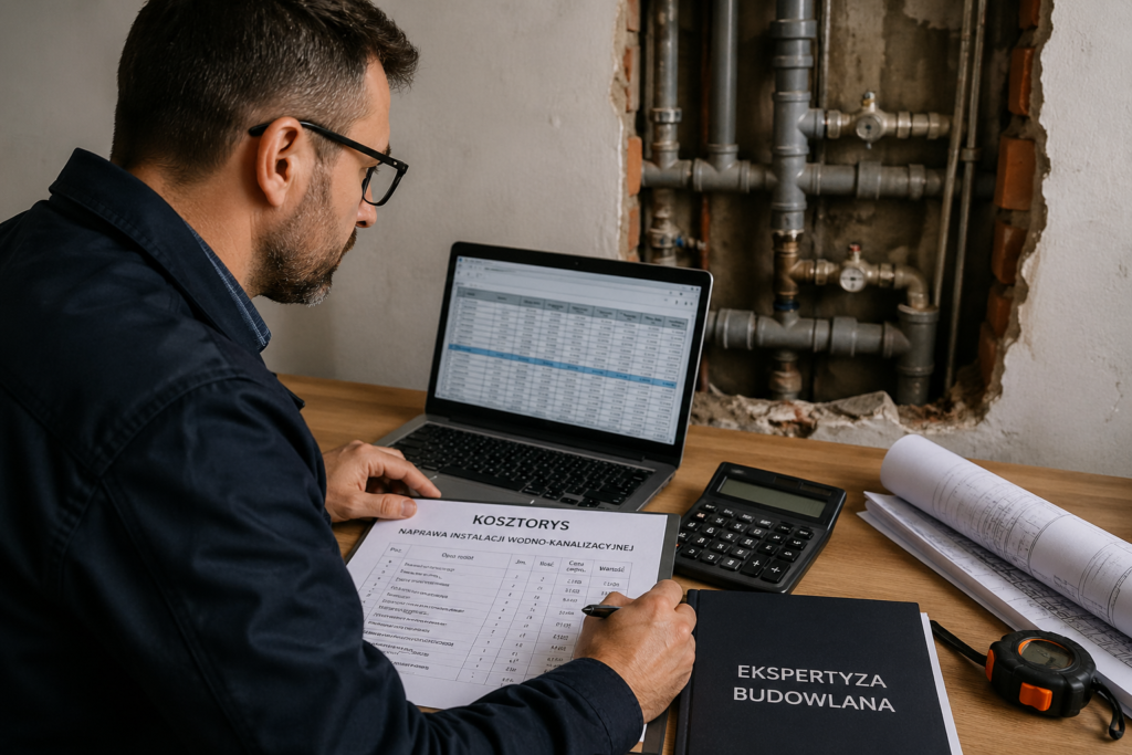 Rzeczoznawca budowlany sporządzający kosztorys naprawy instalacji wodno-kanalizacyjnej w uszkodzonym pomieszczeniu