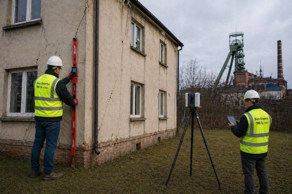 Pomiar wychylenia budynku przy użyciu skanera laserowego 3D Leica RTC360 oraz poziomicy elektronicznej Milwaukee przy narożniku ściany