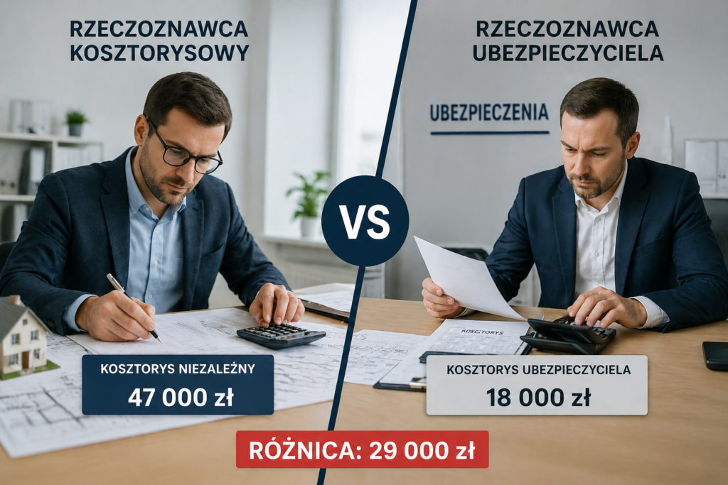 Porównanie kosztorysu rzeczoznawcy budowlanego i rzeczoznawcy ubezpieczyciela pokazujące różnice w wycenie szkody
