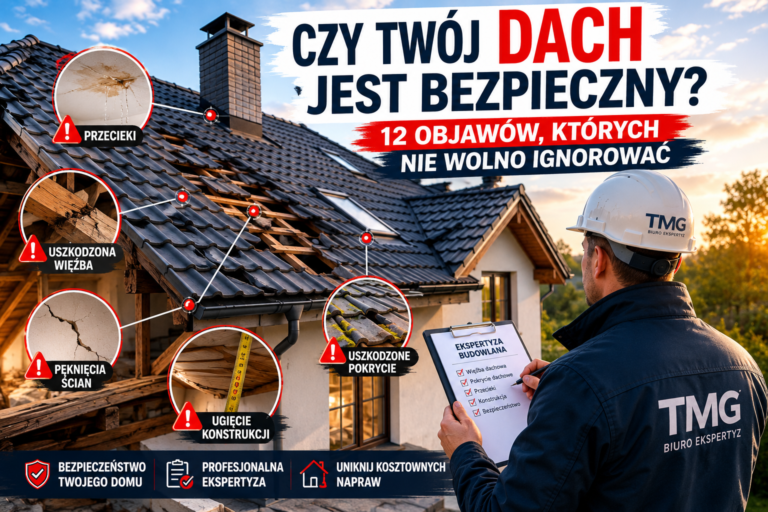 Rzeczoznawca budowlany przeprowadza ekspertyzę budowlaną uszkodzonego dachu i więźby dachowej, oceniając bezpieczeństwo konstrukcji oraz zakres niezbędnych napraw po wykryciu uszkodzeń pokrycia dachowego.