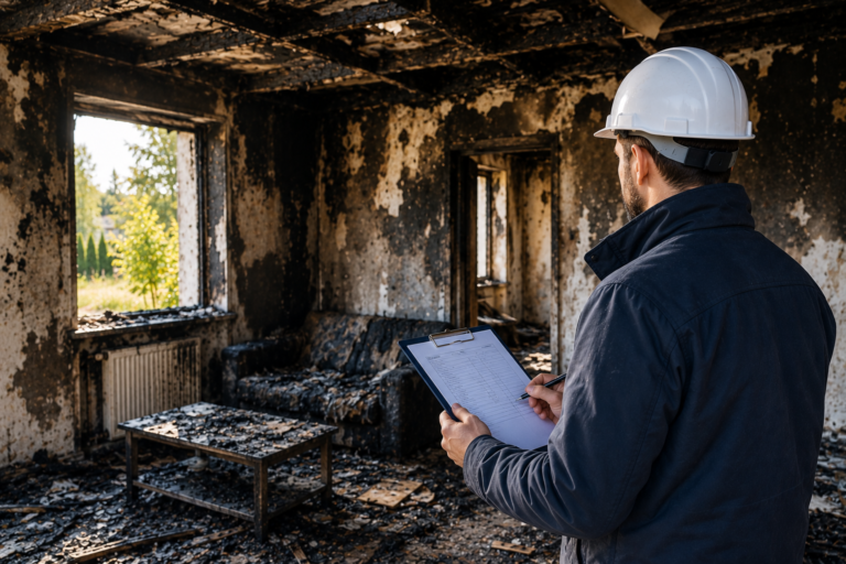 Rzeczoznawca budowlany przeprowadza ocenę stanu technicznego wnętrza domu po pożarze. Widoczne są osmolone ściany, zwęglone elementy konstrukcji oraz zniszczone wyposażenie