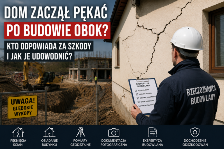Rzeczoznawca budowlany wykonuje ekspertyzę budowlaną domu z pęknięciami ścian powstałymi po rozpoczęciu budowy na sąsiedniej działce, oceniając wpływ robót ziemnych na stan techniczny budynku.