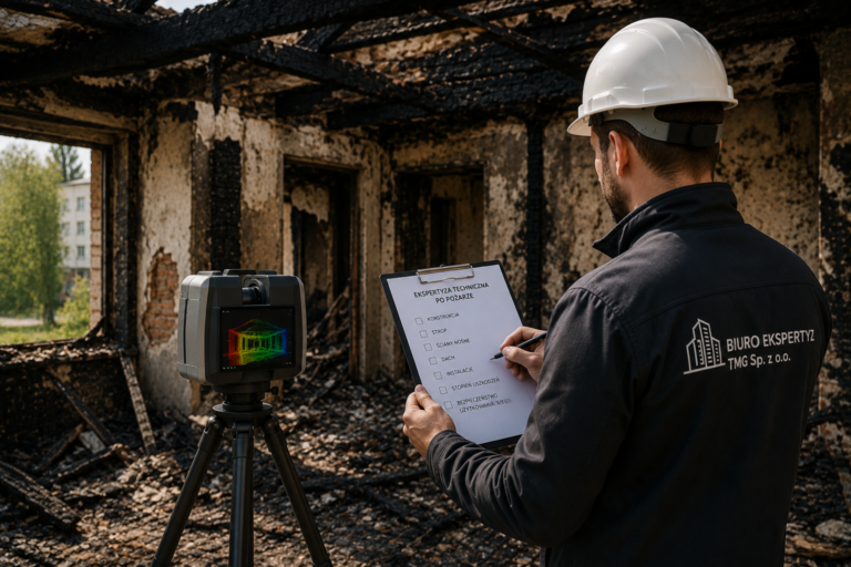 Rzeczoznawca budowlany wykonuje ekspertyzę techniczną budynku po pożarze, analizując uszkodzoną konstrukcję z wykorzystaniem skanera laserowego 3D