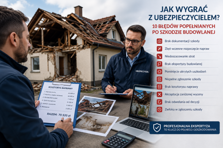 Rzeczoznawca budowlany omawia z właścicielem budynku zakres uszkodzeń po szkodzie budowlanej, analizując dokumentację techniczną i przygotowując ekspertyzę niezbędną do dochodzenia odszkodowania od ubezpieczyciela.
