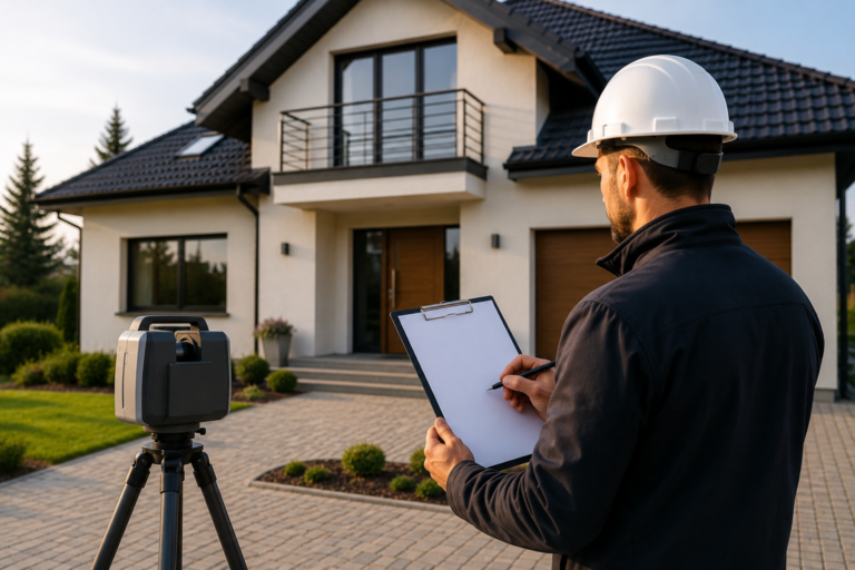 Rzeczoznawca budowlany wykonuje ekspertyzę techniczną nowoczesnego domu jednorodzinnego przed zakupem, wykorzystując skaner laserowy 3D oraz dokumentację techniczną