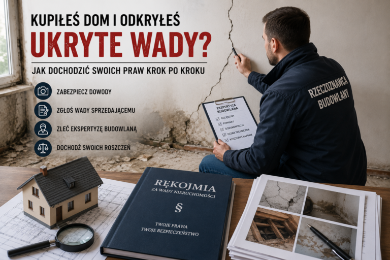 Rzeczoznawca budowlany wykonuje ekspertyzę budowlaną domu z ukrytymi wadami po zakupie nieruchomości, oceniając pęknięcia ścian, zawilgocenie oraz stan techniczny budynku.