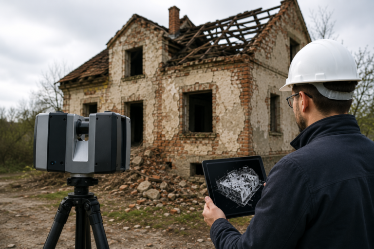 Rzeczoznawca budowlany wykonuje ocenę stanu technicznego starego budynku przy użyciu skanera laserowego 3D, analizując konstrukcję przed podjęciem decyzji o remoncie lub rozbiórce.