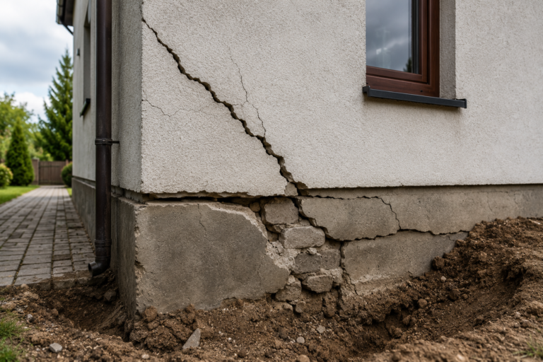 Widoczne pęknięcia ściany i fundamentu budynku spowodowane nierównomiernym osiadaniem fundamentów. Zdjęcie przedstawia typowe objawy wymagające wykonania ekspertyzy budowlanej.