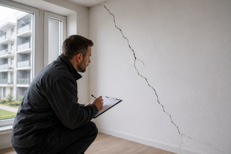 Rzeczoznawca budowlany wykonuje oględziny pękniętej ściany w nowym mieszkaniu po odbiorze od dewelopera. Widoczna ukośna rysa wymagająca oceny technicznej i ekspertyzy budowlanej