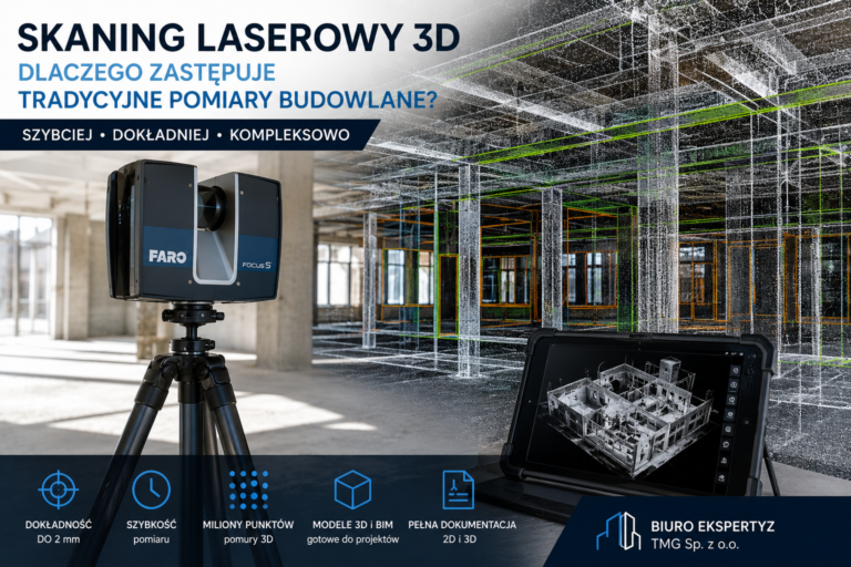 Skaner laserowy 3D wykonuje pomiary wnętrza budynku, tworząc dokładną chmurę punktów wykorzystywaną do inwentaryzacji architektoniczno-budowlanej, modeli BIM oraz ekspertyz budowlanych