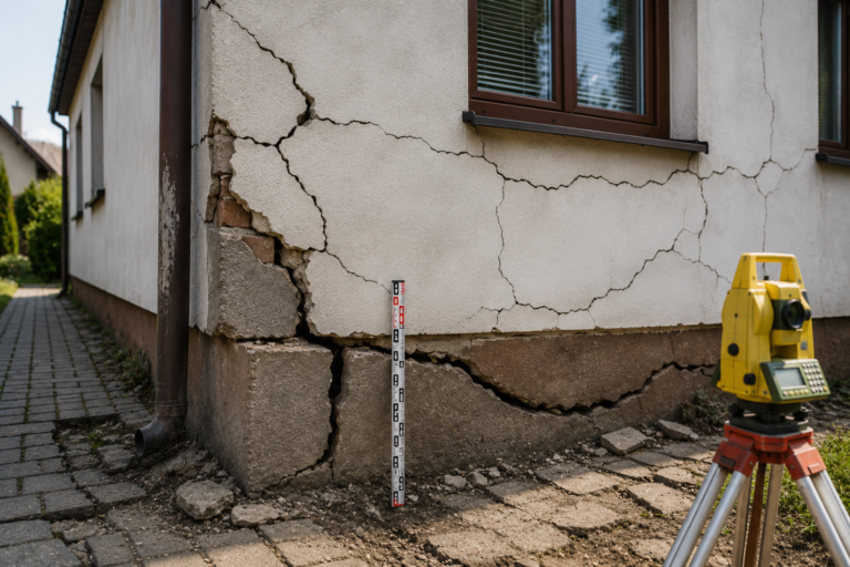 Pęknięcia ścian i uszkodzony fundament budynku mogące świadczyć o szkodach górniczych. Widoczna dokumentacja geodezyjna wykorzystywana podczas ekspertyzy budowlanej.