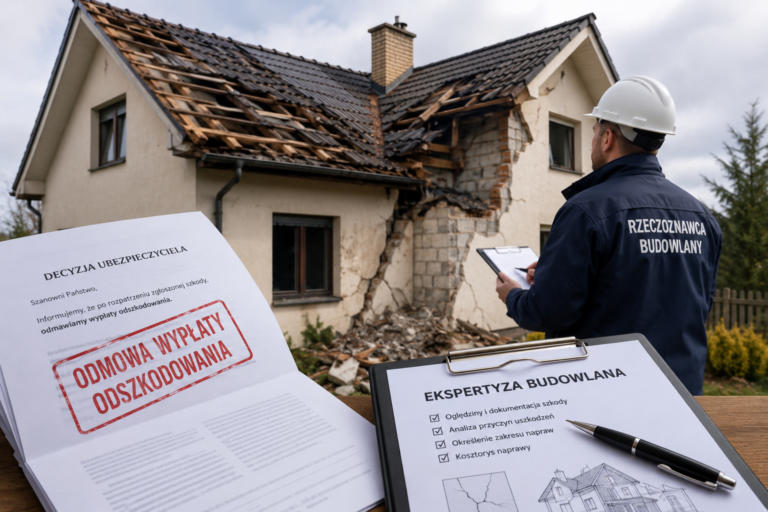 Rzeczoznawca budowlany wykonuje ekspertyzę budowlaną uszkodzonego domu po odmowie wypłaty odszkodowania przez ubezpieczyciela, oceniając zakres szkód i stan techniczny budynku.