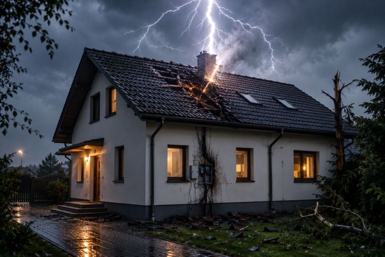 Dom jednorodzinny uszkodzony po bezpośrednim uderzeniu pioruna podczas burzy. Widoczne uszkodzenia dachu oraz elewacji mogą wskazywać na konieczność wykonania ekspertyzy budowlanej i kontroli instalacji odgromowe