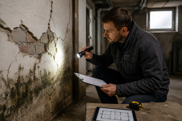 Rzeczoznawca budowlany wykonuje oględziny zawilgoconej i popękanej ściany w budynku przed zakupem nieruchomości. Widoczne uszkodzenia mogą świadczyć o ukrytych wadach technicznych