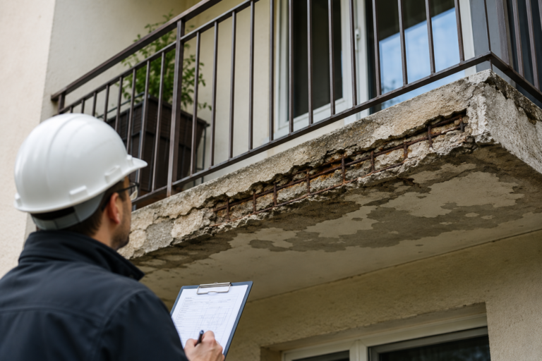 Rzeczoznawca budowlany ocenia uszkodzony balkon z odsłoniętym skorodowanym zbrojeniem i odpadającym betonem podczas ekspertyzy technicznej