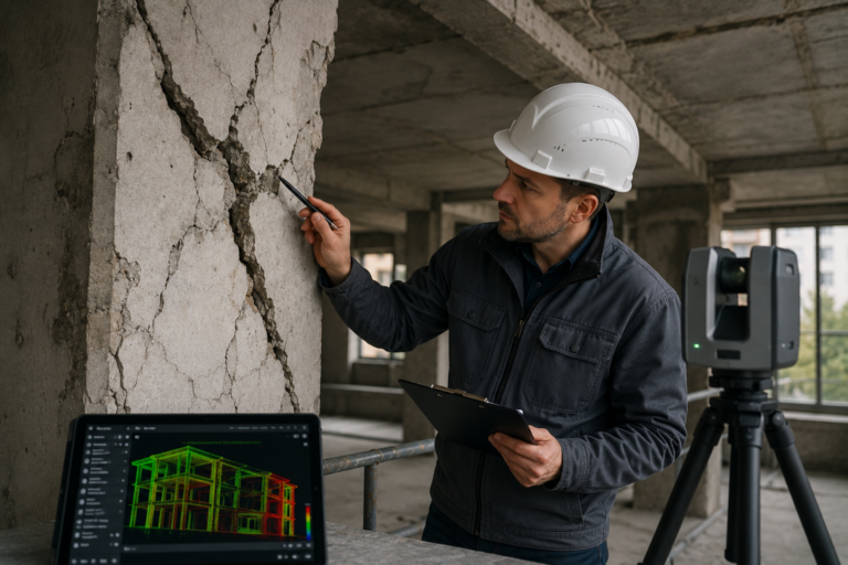 Rzeczoznawca budowlany analizuje głębokie pęknięcia konstrukcyjne żelbetowej ściany z wykorzystaniem skanera laserowego 3D podczas wykonywania ekspertyzy budowlanej