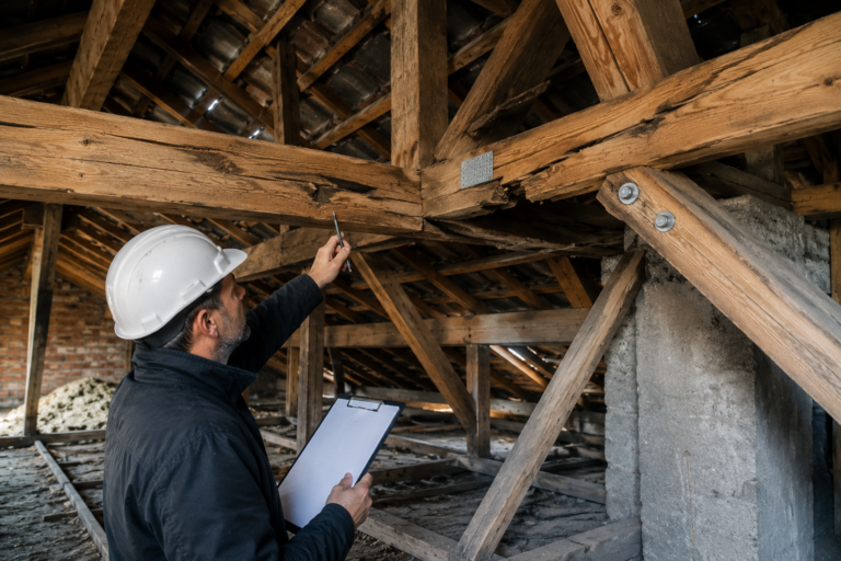Rzeczoznawca budowlany kontroluje drewnianą więźbę dachową z widocznymi pęknięciami i uszkodzeniami elementów konstrukcyjnych podczas ekspertyzy technicznej.