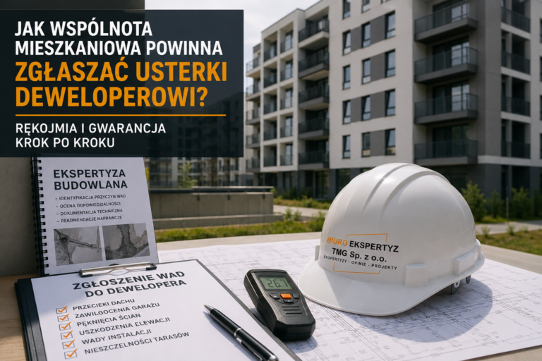 Wspólnota mieszkaniowa zgłaszająca usterki deweloperowi – dokumentacja wad budynku, ekspertyza budowlana, rękojmia i gwarancja w nowym budynku wielorodzinnym.
