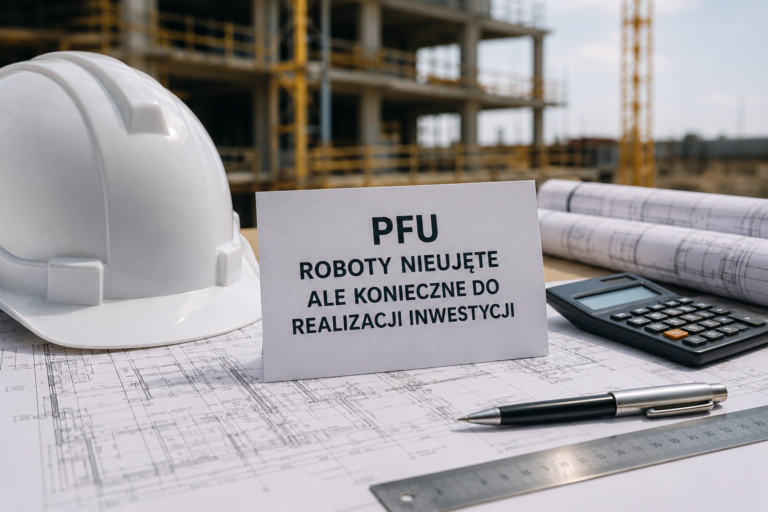 Roboty nieujęte w PFU podczas realizacji inwestycji budowlanej – dokumentacja projektowa, kask ochronny i analiza kosztów robót dodatkowych na placu budowy.