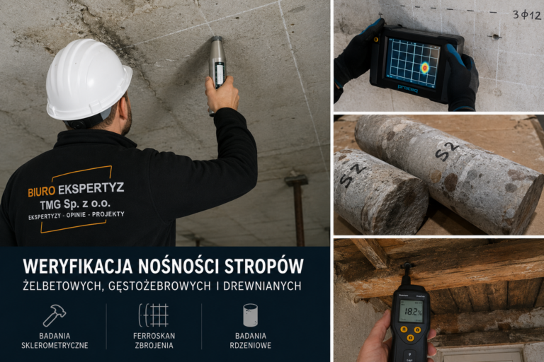 Rzeczoznawca budowlany wykonujący badania sklerometryczne stropu żelbetowego oraz diagnostykę konstrukcji z wykorzystaniem ferroskanu, odwiertów rdzeniowych i pomiarów stropu drewnianego.