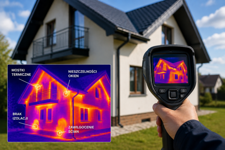Rzeczoznawca budowlany wykonuje badanie termowizyjne domu jednorodzinnego za pomocą kamery termowizyjnej w celu wykrycia mostków termicznych, zawilgocenia oraz nieszczelności izolacji.