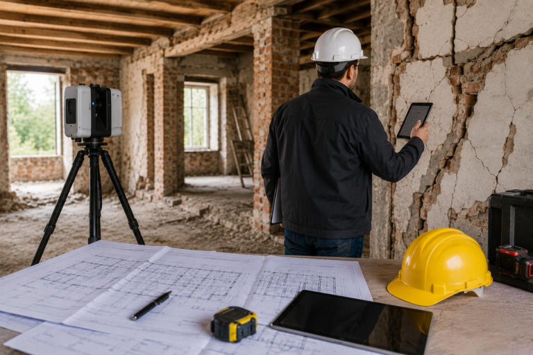Rzeczoznawca budowlany wykonuje oględziny uszkodzonego budynku z wykorzystaniem skanera laserowego 3D, dokumentacji technicznej oraz narzędzi pomiarowych podczas ekspertyzy budowlanej